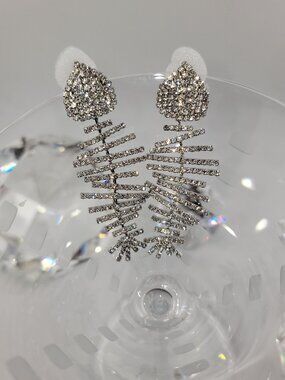 Silver Rhinestone Fishbone Statement Earrings | Sparkly Dangle